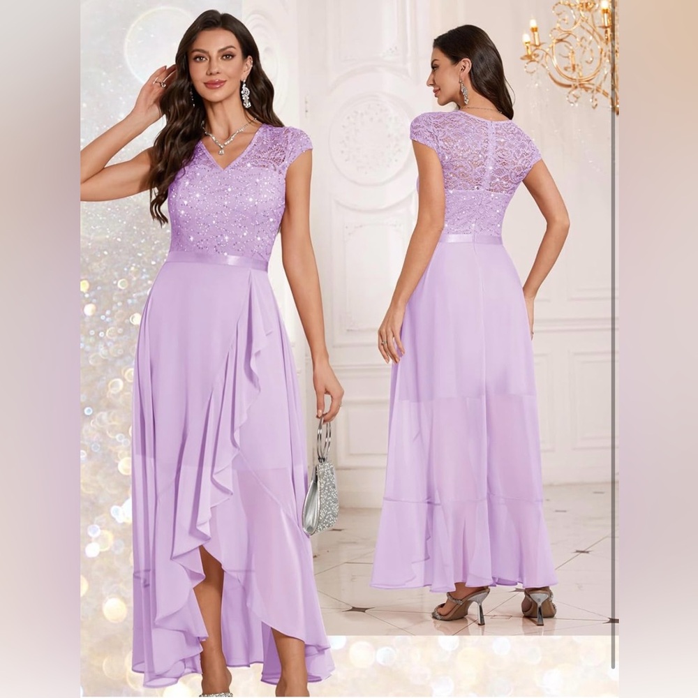 Bbonlinedress Cocktail Formal Sequin Floral Lace V-Neck Cap Sleeve Evening Dress